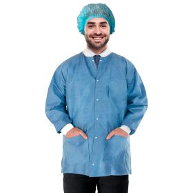 Disposable Lab Jacket, 32 Inches Long. Pack of 100 Ceil Blue Disposable Hip-Length Workwear X-Large. SMS 50 gsm Disposable Shirts with Snaps Fron